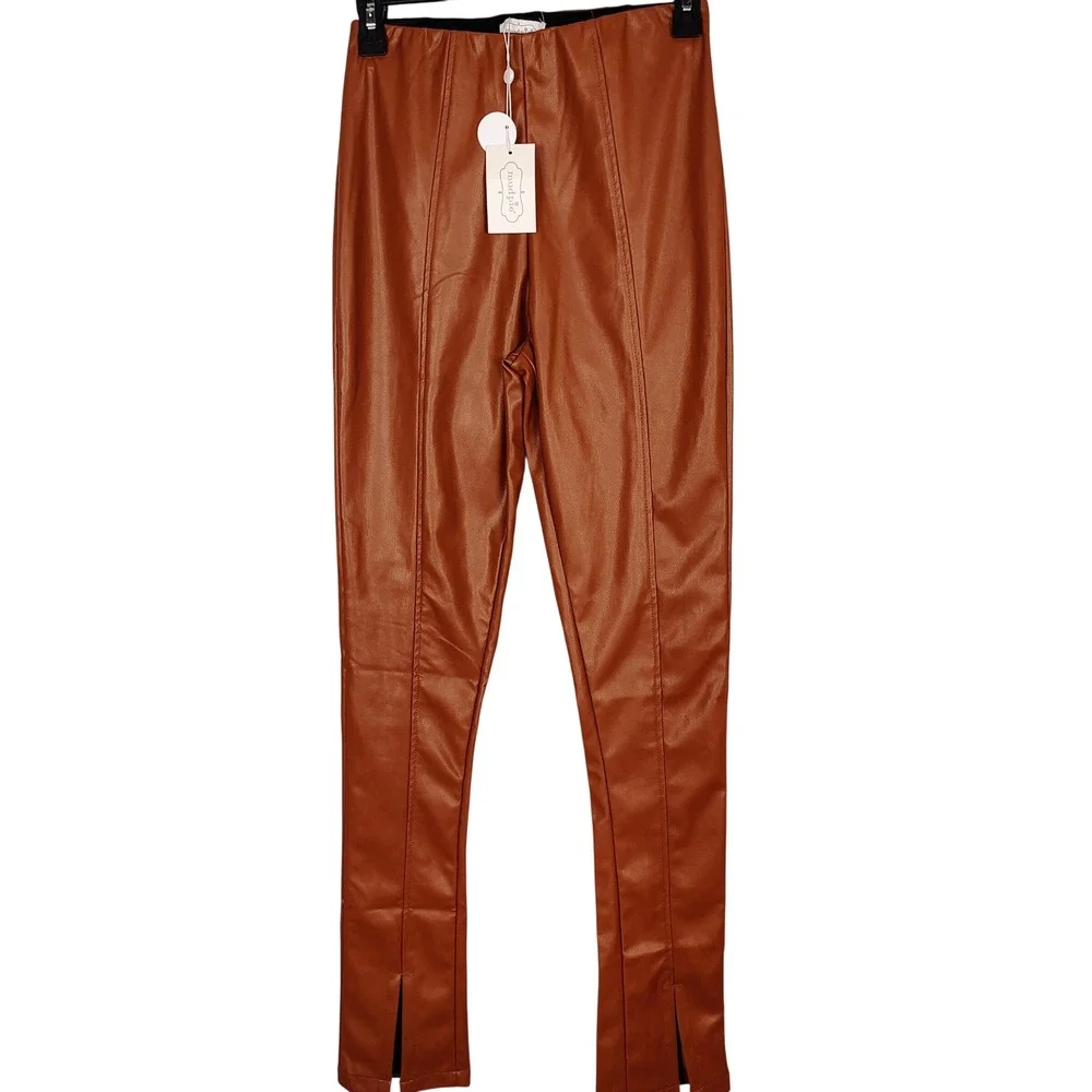 Mud Pie Faux Leather‎ Split Hem Leggings Cognac Brown High Waisted Small NWT